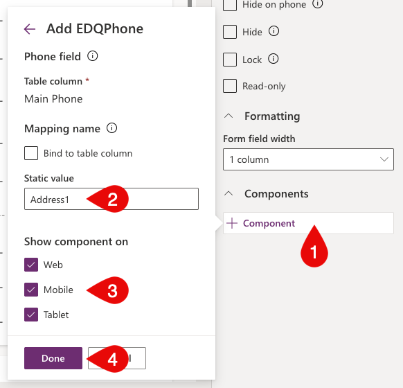 Field properties for a phone field