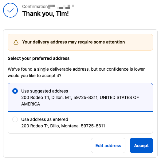 Advanced address verification block on the Thank you page